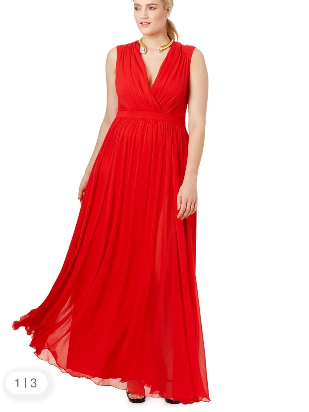 Badgley Mischka Red Sleeveless V-Neck Maxi Gown Pleated
Surplice Flowy Dress 18
